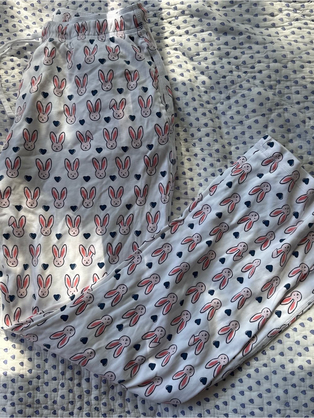 Roller Rabbit White Pajama Pants with Pink Bunny and Navy Heart Print